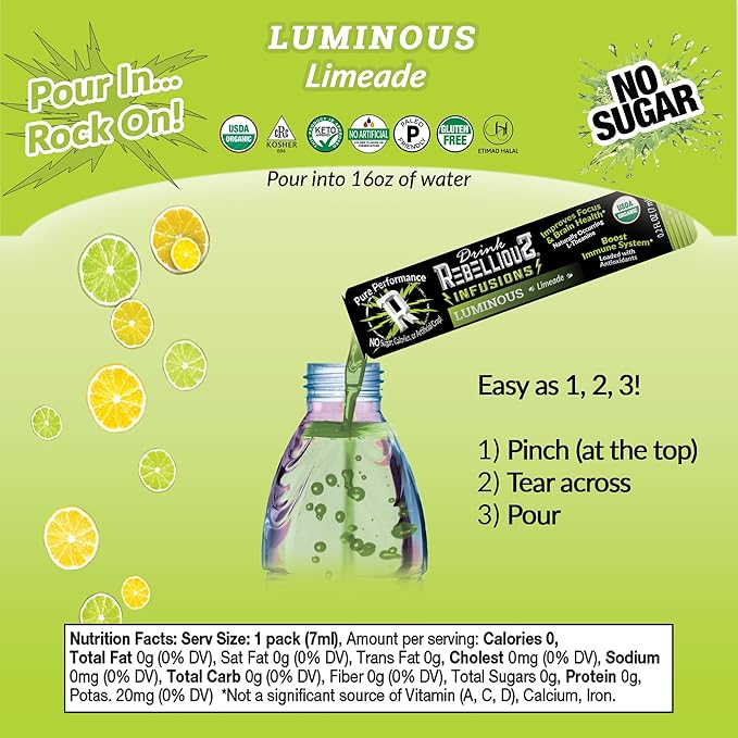 Luminous Limeade Organic Energy Drink Mix – 0 Calories, Sugar Free, Loaded with Antioxidants, L-Theanine, and Natural Caffeine – 10 Count