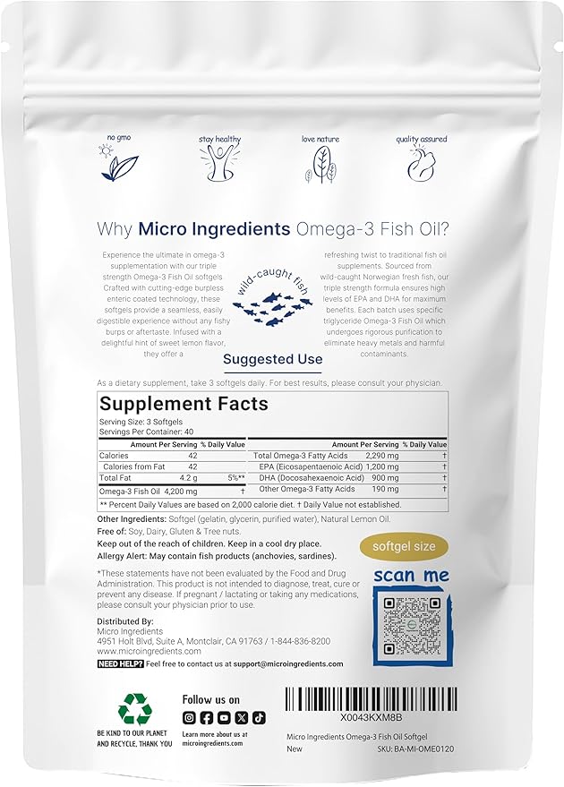 Micro Ingredients Multi Collagen Protein Powder 2 Pounds & Omega-3 Fish Oil 4,200 mg Softgels Bundle 2 Pack | Grass-Fed Collagen Peptides | Wild-Caught Fish, Lemon Flavored, Burpless