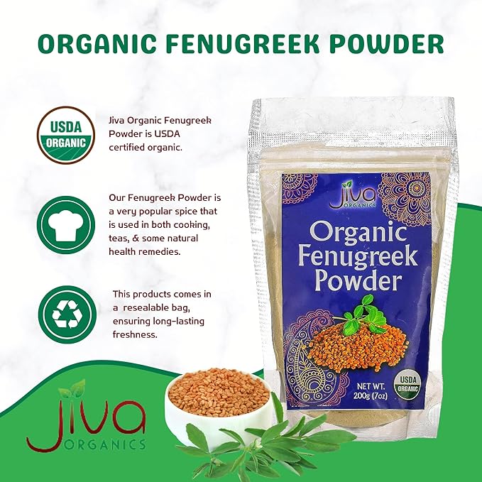 Jiva Organics Organic Fenugreek Powder 7oz Bag - Gluten Free, Non-GMO, Methi Powder, Pure, Raw & Natural - Great As A Spice Or Even For Hair Growth - Product of India
