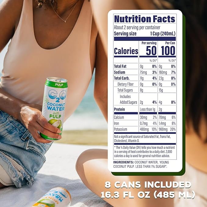 C2O - Coconut Water with Pulp (8 Pack) - Made with Fresh Coconut Water - Plant Based - Non GMO - Canned Water - Natural Hydration, Essential Electrolytes, & Potassium - 8 Cans, 16.3 FL OZ