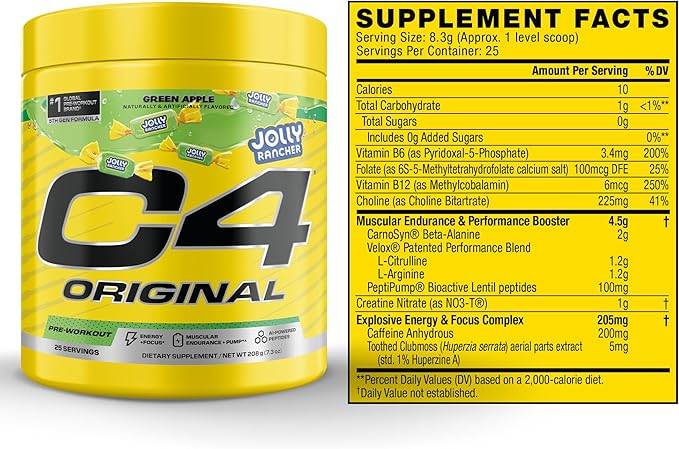 Cellucor C4 Original Pre Workout – Jolly Rancher Green Apple - Pre-Workout for Endurance, Focus & Performance with 200mg Caffeine, Beta-Alanine, Creatine Nitrate, L-Arginine & PeptiPump – 25 Servings