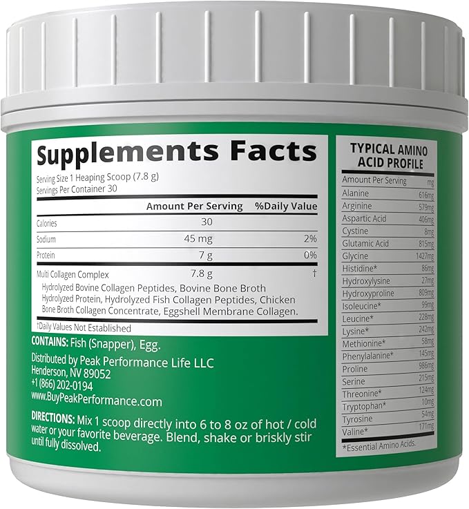 Peak Performance All 5 Multi-Collagen Protein Powder Peptides Multi-Collagen Contains All Types I, II, III,V, X. Keto, Paleo Friendly with Hydrolyzed Bovine, Marine, Chicken, Bone Broth Collagens
