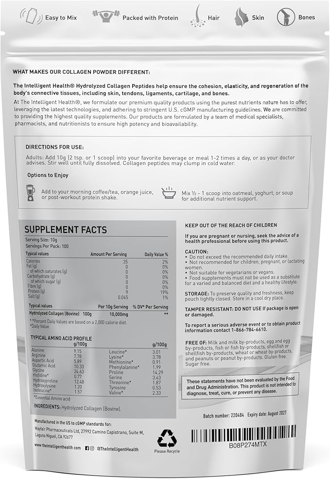 Hydrolyzed Collagen Peptides Powder, Grass Fed, High Protein, Unflavored, Gluten-Free, Paleo & Keto Friendly, 10g per Serving (1kg) Supports Skin, Hair, Nails, Joints, & Bones