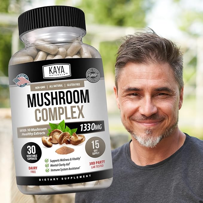 Kaya Naturals Premium Mushroom Complex Potent - Mushroom Complex Capsules 1995mg Per Serving - Aids Mental Clarity Supports Immune System, Wellness & Vitality |-30 Count