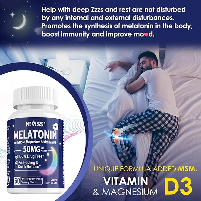 Melatonin 50 mg for Adults - Extra Strength 9-IN-1 Fast Dissolve Sublingual - w/ Vitamin D3 & MSM, Relaxing Herbal Blend-Ashwagandha, Lemon Balm, Passionflower,Chamomile,Sugar Free, Vegan 180 Servings