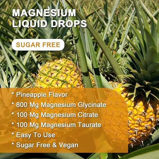 Magnesium Glycinate Liquid Drops with Citrate & Taurate - Cognition, Muscle & Focus, Liquid Magnesium Complex Supplement with Vitamin D3, GABA, L-theanine, Pineapple Flavor - 1 Fl Oz (2 Pack)
