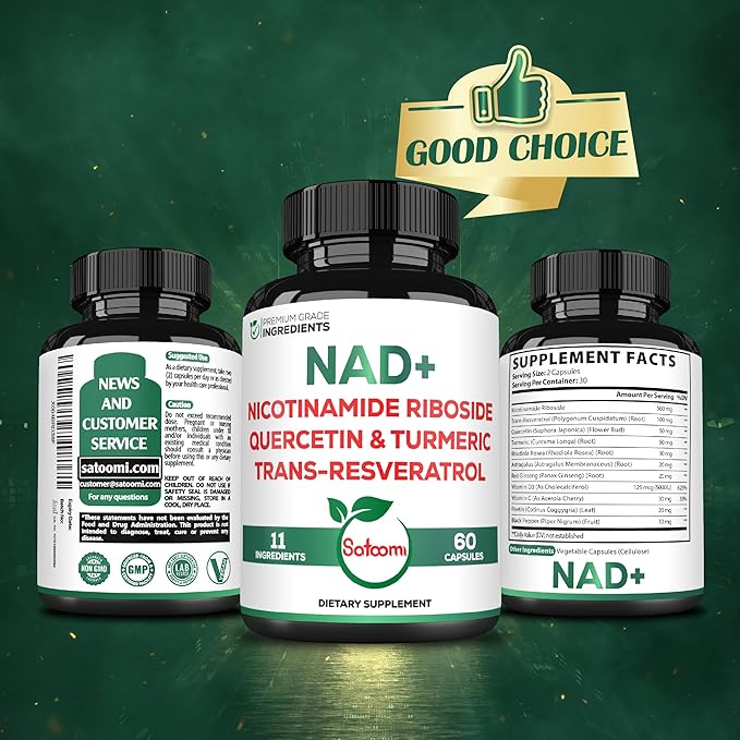Satoomi NAD+ Supplement with Nicotinamide Riboside 900mg NR, Resveratrol, Quercetin, Turmeric, Astragalus, Ginseng, Vitamin D3, Vitamin C - 60 Count