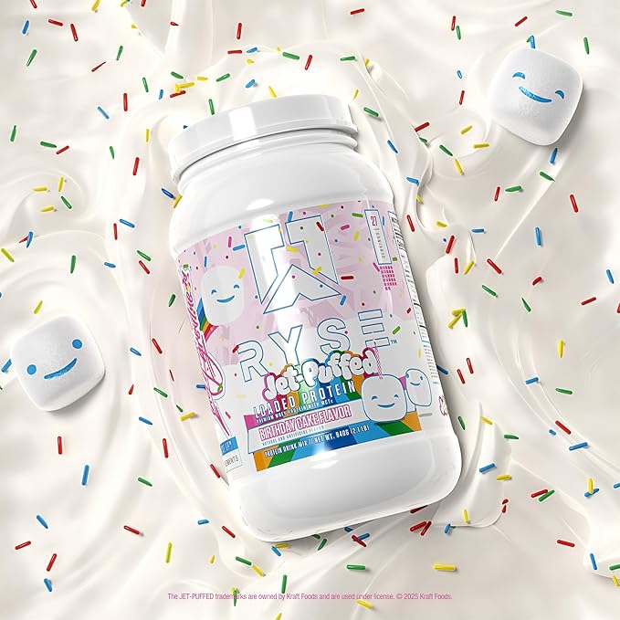Ryse Loaded Protein Powder - Jet-Puffed Birthday Cake - 25g Whey Protein Isolate & Concentrate with Prebiotic Fiber & MCTs - Low Carb, Low Sugar, Digestive-Friendly - 27 Servings / 2 lb Tub
