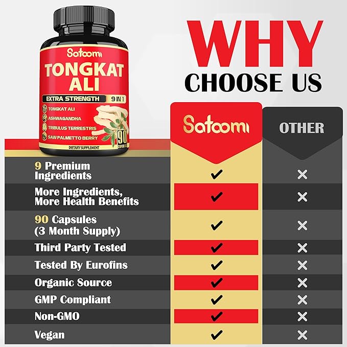 Satoomi 9in1 Tongkat Ali Root Extract - Ashwagandha, Tribulus Terrestris - 90 Capsules for 3 Months - Support Strength, Energy & Healthy Immune