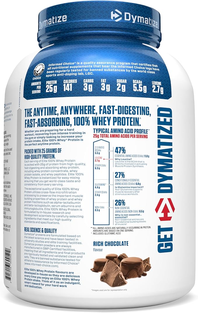 Dymatize Elite 100% Whey Protein Powder, 25g Protein, 5.5g BCAAs & 2.7 L-Leucine, Quick Absorbing & Fast Digesting for Optimal Muscle Recovery, Rich Chocolate, 5 Pound, 63 Servings