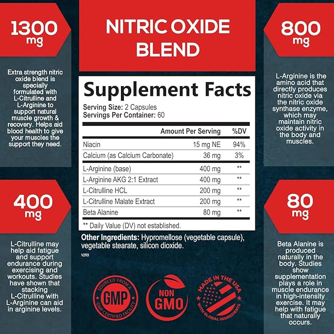 Extra Strength Nitric Oxide Supplement 3X Strength L Arginine, Citrulline Malate, AAKG, Beta Alanine - Premium Muscle Supporting Nitric Booster - Natural Energy & Heart Health Support - 120 Capsules