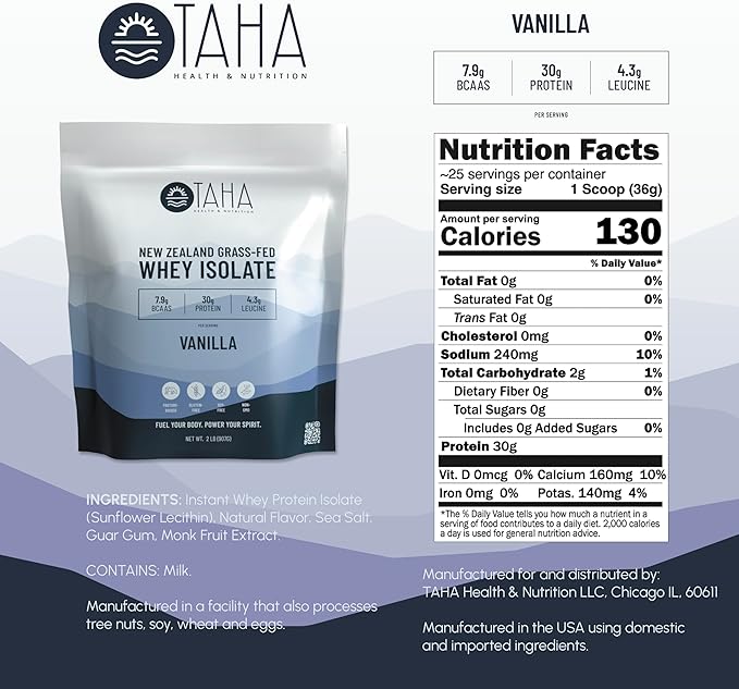 Taha Health & Nutrition Vanilla Whey Protein Isolate Powder, 30g Protein, 7.9g BCAAs, 4.3g Leucine | New Zealand Free-Range, Grass-Fed Dairy | Gluten-Free, Keto, Kosher | 2LB, 25 Servings