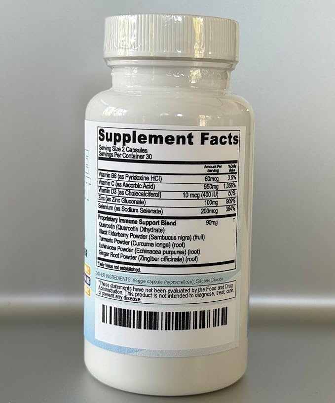 10-in-1 Immune Support with Elderberry, D3, Selenium, Quercetin, Zinc, Vitamin C, Ginger, Turmeric Curcumin, B6, Echinacea – Immune Defense – Made in USA (60 Count (Pack of 2))