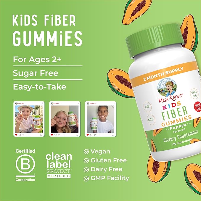 MaryRuth's Fiber Gummies for Kids | 2 Month Supply | Sugar Free | Soluble Fiber Supplement | Gut Health & Digestion Support | 3g Fiber per Gummy | Vegan | 60 Count