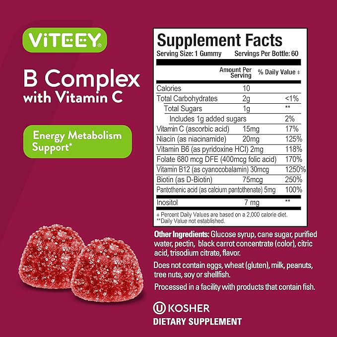 Viteey Vitamin B Complex for Adults with Vitamin C, B6, B12, Niacinamide, Folic Acid, Biotin, Calcium - Supports Energy & Metabolism - Vegan, Gluten Free, Gelatin Free - Chewable Strawberry Flavored