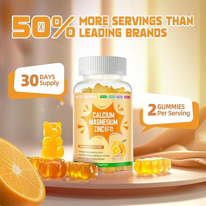 Calcium Magnesium Zinc Gummies with Vitamin D3 & K2 - High Potency Enhanced Absorption -60 Orange Gummies