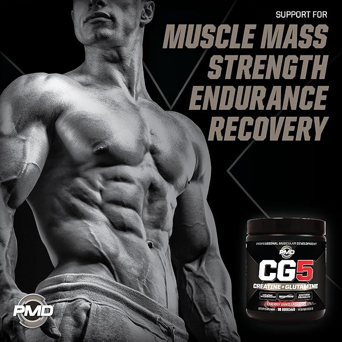 PMD Sports CG5 - Premium Creatine and L Glutamine Powder - Maximum Strength Power Recovery, Build Lean Muscle, Increase Performance - Pre-Workout and Post Workout - Cherry Vanilla Slush (30 Servings)