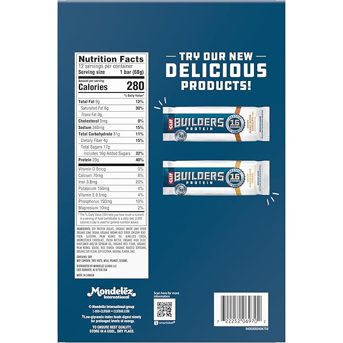CLIF BUILDERS Protein Bars - OREO-Flavored - 20g Plant Based Protein - Gluten Free - Non-GMO - Low Glycemic - No Artificial Sweeteners - 2.4 oz. (12 Pack)