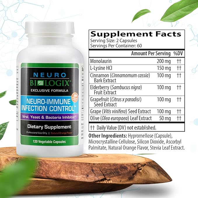 Neuro Immune Infection Control – Advanced Gut & Immune Support Supplement – Helps Maintain Yeast Balance & Digestive Function - Contains Monolaurin, L lysine, Elderberry, Cinnamon & Olive Leaf
