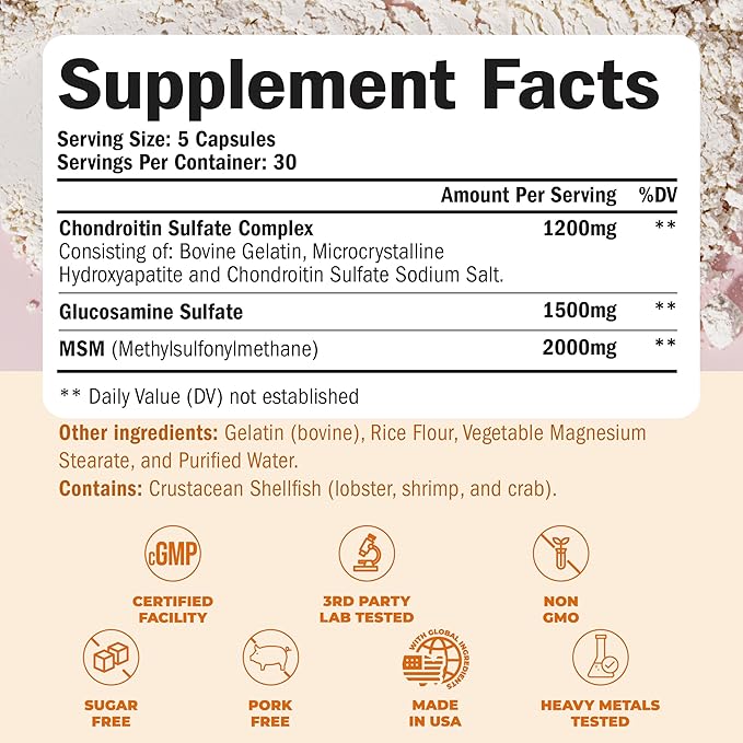 Glucosamine Chondroitin MSM Joint Support Supplement with Glucosamine Sulfate 1500 mg plus Nourishing Chondroitin Sulfate Complex - Premium Joint Health MSM Supplement for Women and Men - 150 Capsules