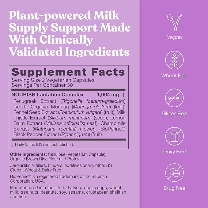 Eu Natural Nourish Lactation Supplement - Postpartum Support for Healthy Milk Flow & Production - Fenugreek Capsules for Women with Milk Thistle, Fennel Seed & Organic Moringa, 60 Vegan Soft Capsules