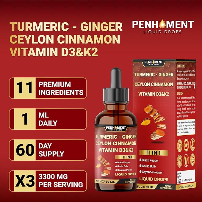 11in1 Liquid Turmeric Curcumin with Vitamin D3, Vitamin K2, Ginger, Ceylon Cinnamon, Berberine Extract, Garlic, Black Pepper - Drops Extract - 60ml - 2 Month Supply