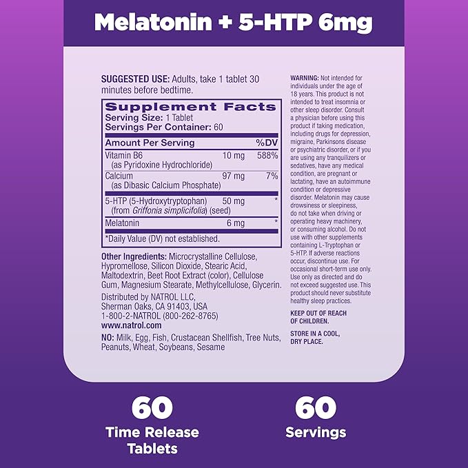 Natrol Melatonin + 5-HTP Advanced Time Release Sleep Aid, Triple Action Formula, Calm the Mind, Fall Asleep Faster and Stay Asleep Longer, 60 Bi-Layer Tablets, Up to a 60 Day Supply