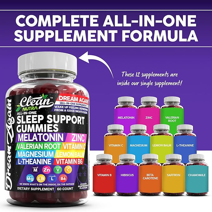 Clean Nutra Melatonin Gummies 10mg | Sleep Aid Valerian Root L-Theanine Vitamin B6 C Lemon Balm Magnesium Hibiscus Beta Carotene Saffron & Chamomile Rest Support Supplement Raspberry Flavor