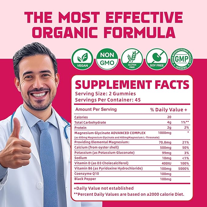 90 CT Magnesium Glycinate Gummies 1000mg - Sugar Free Magnesium Potassium Supplement with Vitamin D, B6, CoQ10 for Calm Mood & Sleep Support - 90 Cherry Gummies.