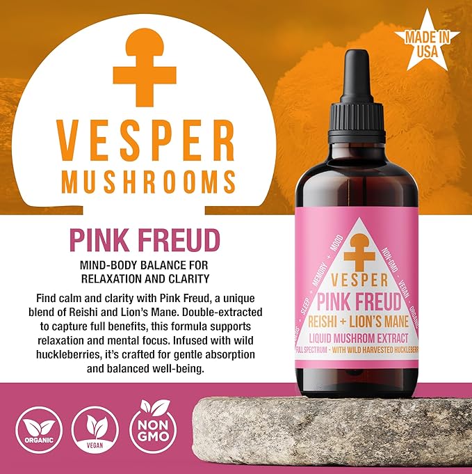 Vesper Pink Freud Mushroom Liquid Extract - Reishi & Lion’s Mane Blend with Wild Huckleberries for Immunomodulation, Neurogenesis, and Mood Support, USA-Grown, for Calm & Mental Clarity – 4oz