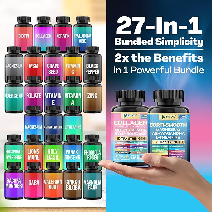 Shining Serenity Set, Cortisol Support with Ashwagandha, L-Theanine, Magnesium, Lions Mane, GABA, Bacopa Monnieri, Collagen I, II, III, V, X, Folate, Biotin, Keratin, Hyaluronic Acid, Quercetin