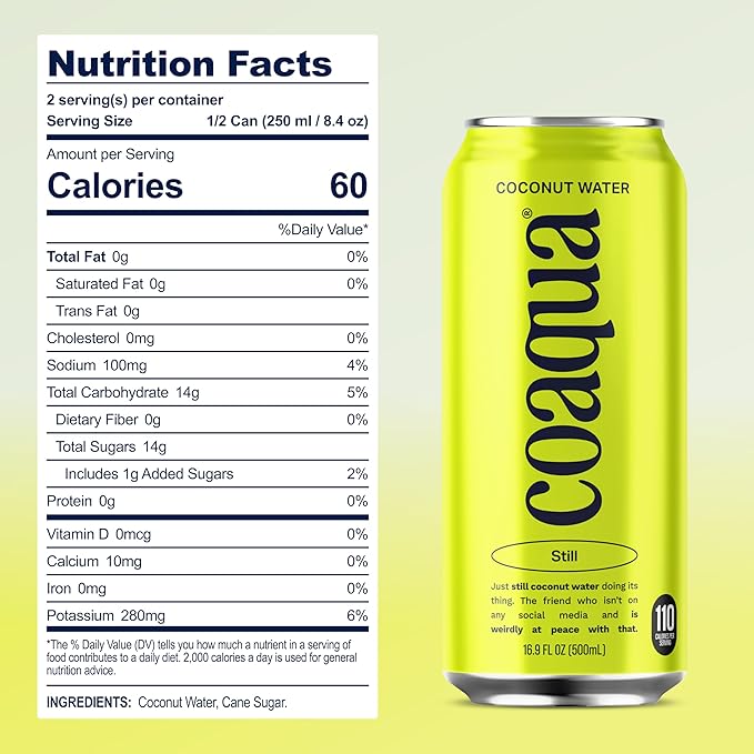 CoAqua Organic Coconut Water, 12 Pack, Natural Electrolytes for Hydration, Naturally Sweet Electrolyte Drink Potassium, Pure Coconut Water Not from Concentrate, Fat Free, Low Sugar, 16.9 Fl Oz Cans
