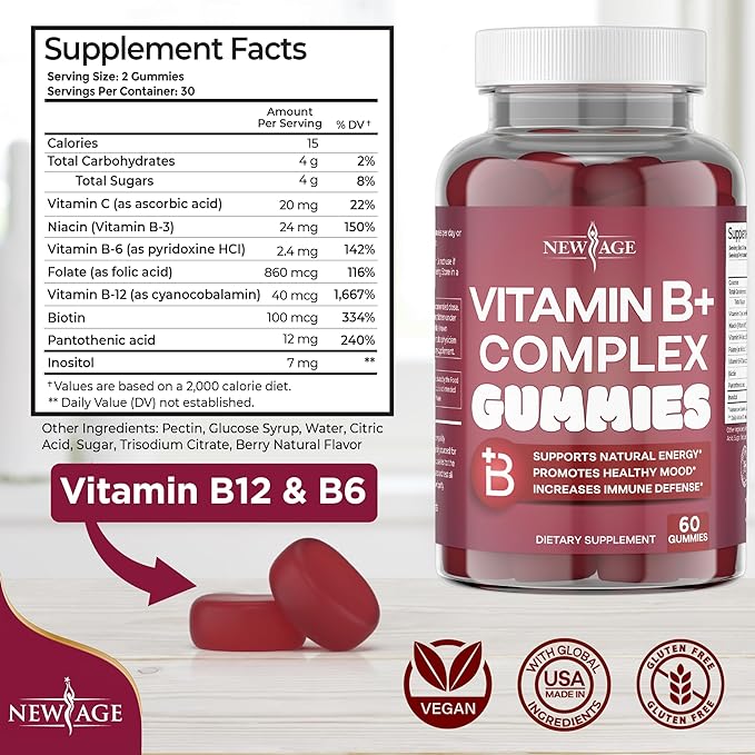 NEW AGE Vitamin B Complex Gummies with Vitamin B3, B6 & B12 – with Biotin, Folic Acid & Vitamin C – Gluten-Free, Vegan, Made in The USA! (180 Count (Pack of 3))