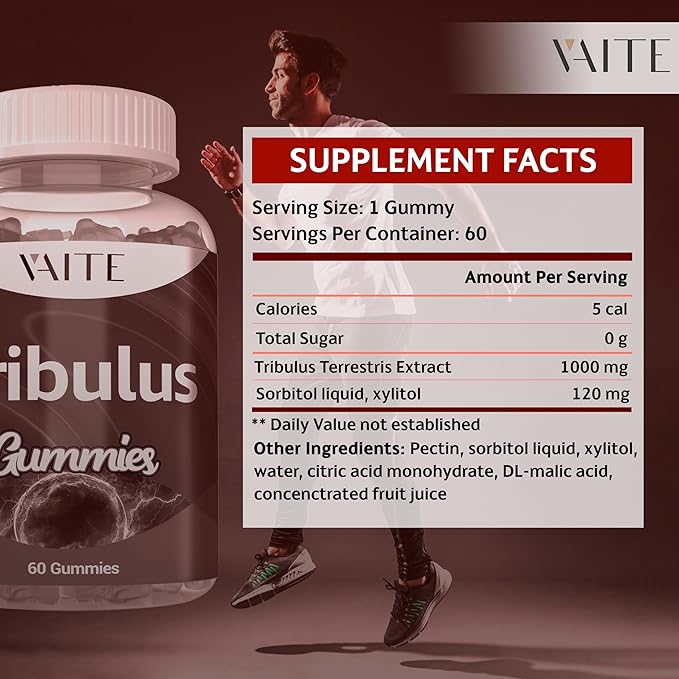 Tribulus Terrestris Gummies 1000 mg – 60 Chewable Gummies – Vegan, Sugar-Free, Gluten-Free, Non-GMO – Plant-Based Daily Formula – No Water Needed – Easy-to-Take Supplement Format