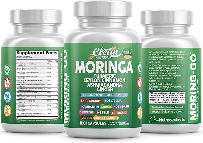 Moringa Powder Capsules + Turmeric Moringa Leaf Ceylon Cinnamon Ashwagandha Ginger Tart Cherry Boswellia Quercetin Garlic Holy Basil Saffron Nettle Black Pepper Moring-Go Supplement By Clean Nutra (2)