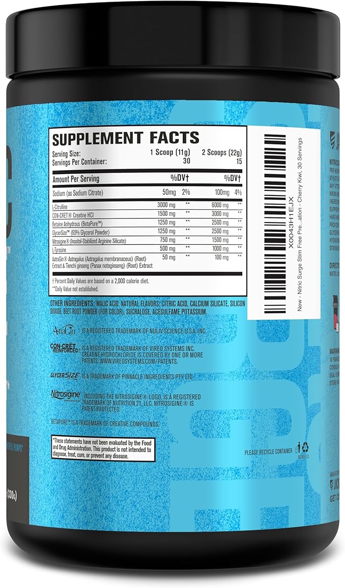 Jacked Factory Nitric Surge Stim Free Pre Workout Powder - Caffeine-Free Nitric Oxide Supplement w/Con-Cret Creatine, L Citrulline, & GlycerSize Glycerol - Cherry Kiwi, 30 Servings