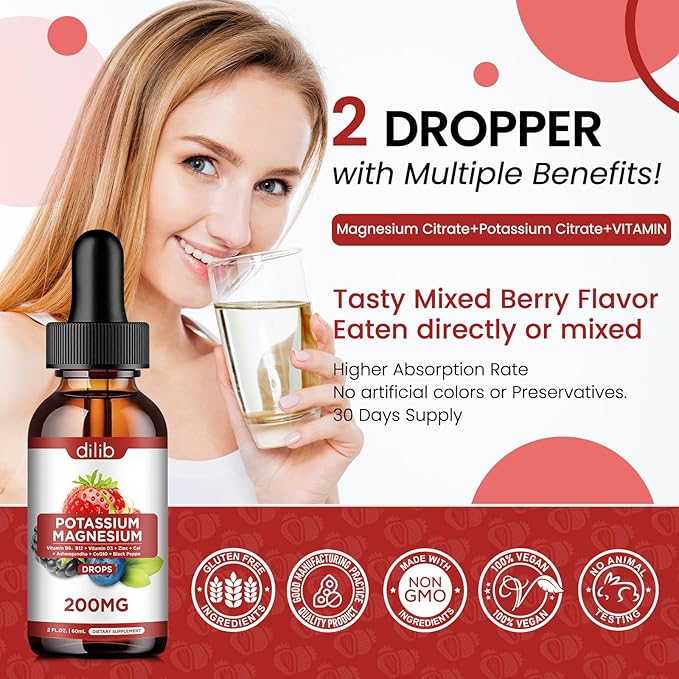 Potassium Magnesium Citrate Supplement, Liquid Magnesium Citrate Drops 200mg with Ashwagandha, Calcium, Zinc, Vitamin D3, B6, B12, CoQ10 - Vegan 2 fl oz Mix Berry Flavor