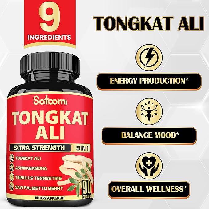 Satoomi 9in1 Tongkat Ali Root Extract - Ashwagandha, Tribulus Terrestris - 90 Capsules for 3 Months - Support Strength, Energy & Healthy Immune