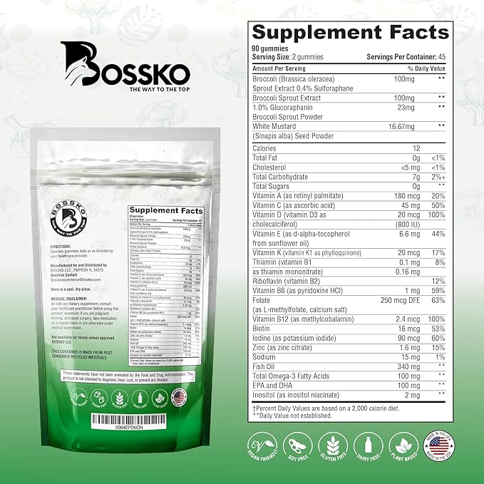 Bossko Sulforaphane Supplement Gummies - Omega 3 Fish Oil (EPA/DHA) Vitamin B12 B6 Vitamin A- K & Zinc 90 Powerful Antioxidant Support-Broccoli Sprout Extract Supplement Vegan 0 Sugar Three Flavors
