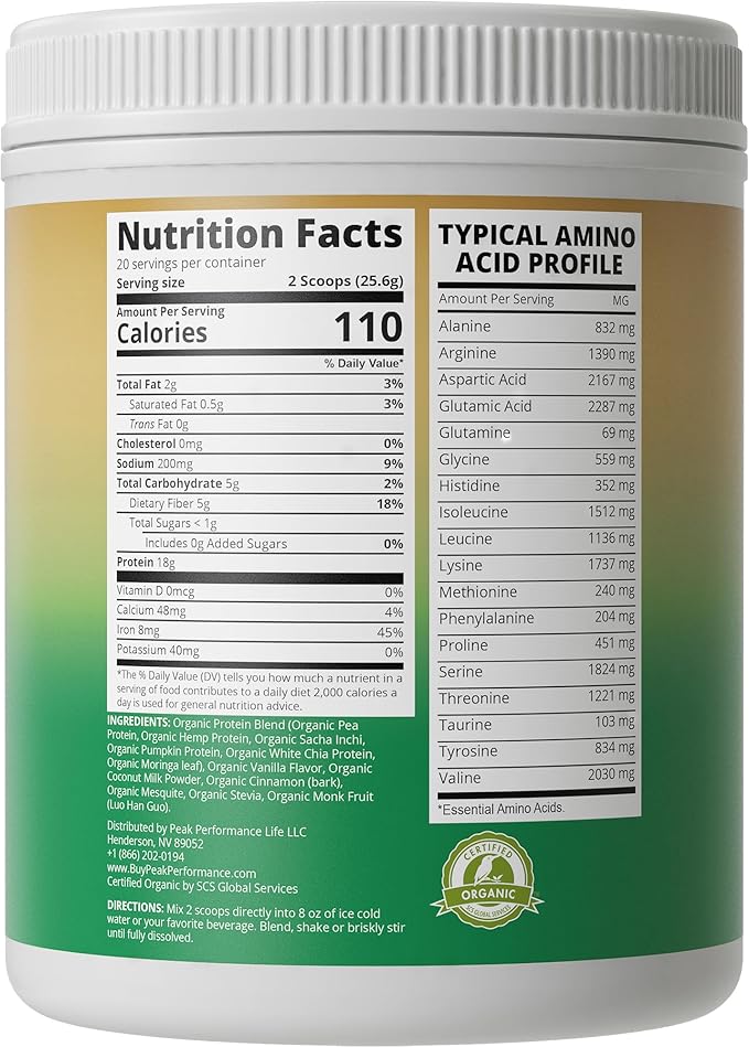 Organic Paleo Grain Free Plant Based Raw Vegan Protein Powder. Amazing Amino Acid Profile and Less Than 1g of Sugar. with Hemp and Pea Protein Vanilla Flavored
