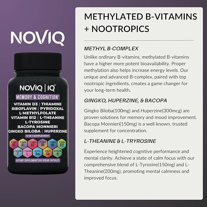 11-in-1 Nootropic Supplement: Supports Memory & Cognition - 100mg Ginkgo 150mg Bacopa 300mcg Huperzine 200mg L-Theanine 150mg L-Tyrosine & Bioactive B-Complex w/ 5-MTHF - 1,100mg+ Serving - 60 Count