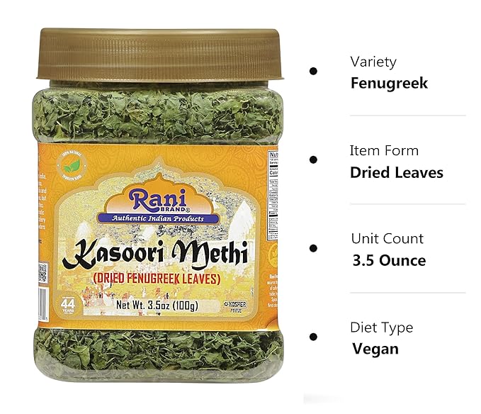 Rani Fenugreek Leaves Dried (Kasoori Methi) 3.5oz (100g) PET Jar ~ All Natural | Vegan | Gluten Friendly | NON-GMO | Kosher | Indian Origin