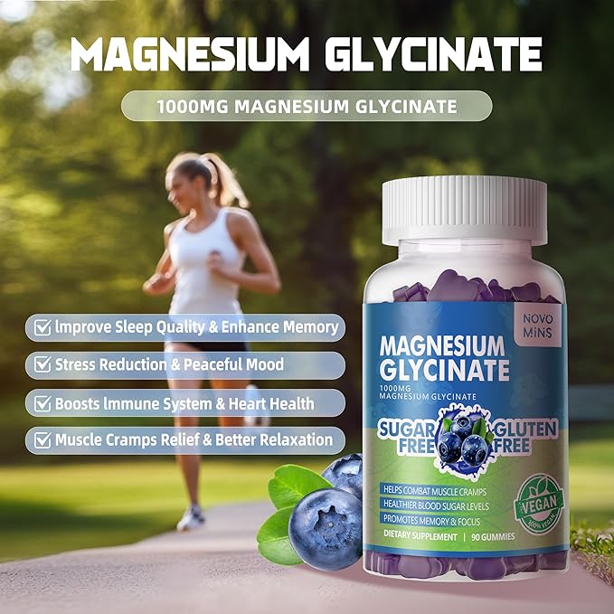 90 CT Magnesium Glycinate Gummies 1000mg - Sugar Free Magnesium Potassium Supplement with Vitamin D, B6, CoQ10 for Calm Mood & Sleep Support - 90 Blueberry Gummies.