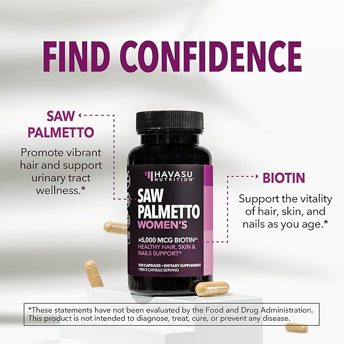 Saw Palmetto for Women with Biotin 5000mcg - Powerful DHT Blocker to Support Hair, Skin, and Nail Health - 120 Count - Vegan, Non-GMO Vitamin for Stronger, Fuller Looking Locks - 2 Month Supply