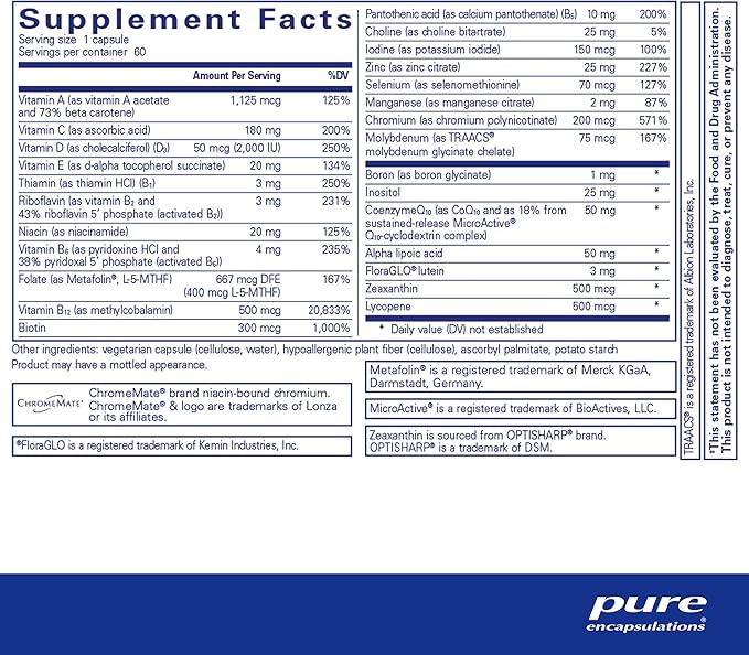 Pure Encapsulations O.N.E. Multivitamin - Once Daily Multivitamin with Antioxidant Complex Metafolin, CoQ10, and Lutein to Support Vision, Cognitive Function, and Cellular Health* - 60 Capsules