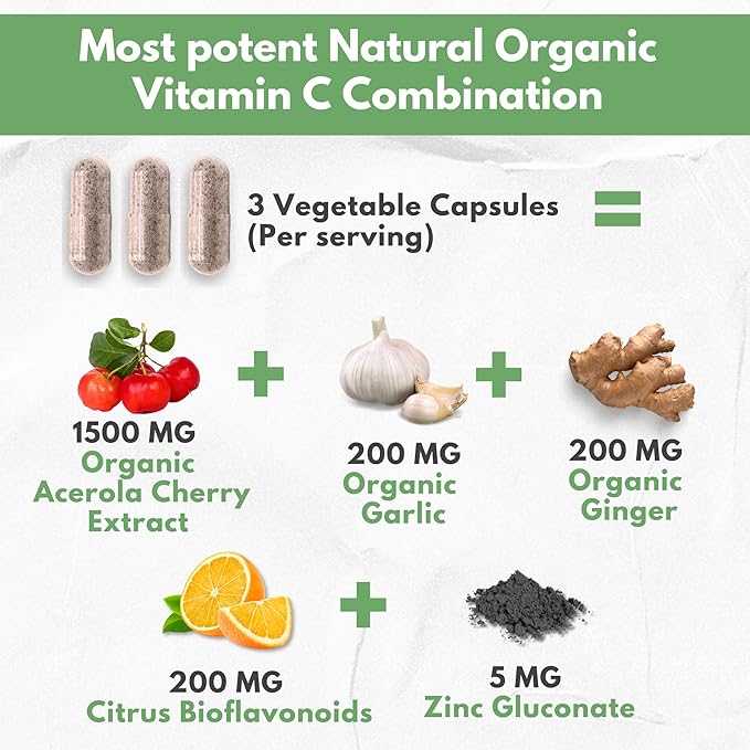 Natural Vitamin C from Organic Acerola Cherry - High Absorption - with Garlic Ginger & Citrus Bioflavonoids - Immune System & Collagen Booster - Anti Aging Skin Vitamins