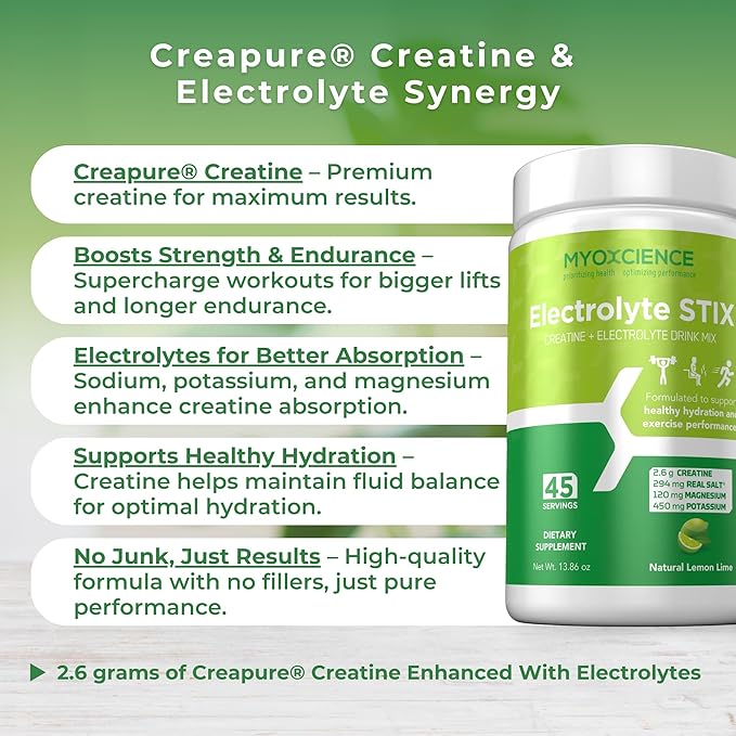 MYOXCIENCE Electrolyte STIX | Creatine Electrolyte Powder | Recovery from Exercise & Muscle Development w/Real Salt (Lemon Lime Flavor) (Jar 45 ct)