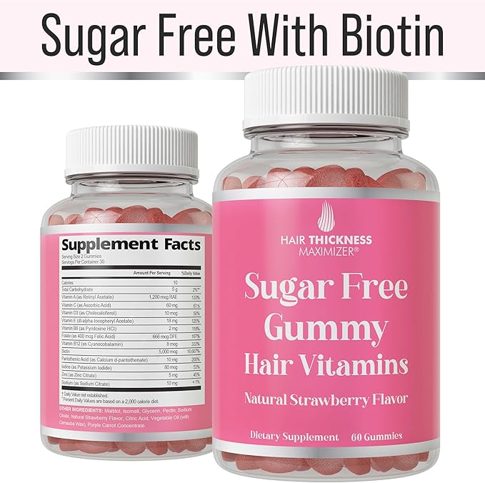 Plant-Based Sugar Free Hair Skin and Nails Gummy Vitamins. Delicious Gummies for Women and Men. with Biotin & Zinc for Healthier, Fuller-Looking Hair, Skin, and Nails. Strawberry-Flavored, Vegetarian