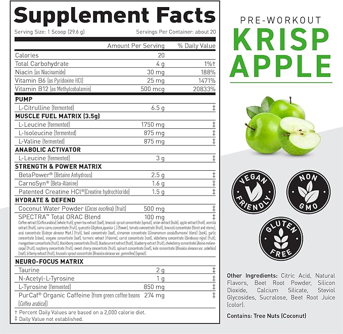 Kaged Original Pre Workout Powder | Krisp Apple | Pre-Kaged | Formulated with Creatine, Beta Alanine, Pure Caffeine | 20 Servings