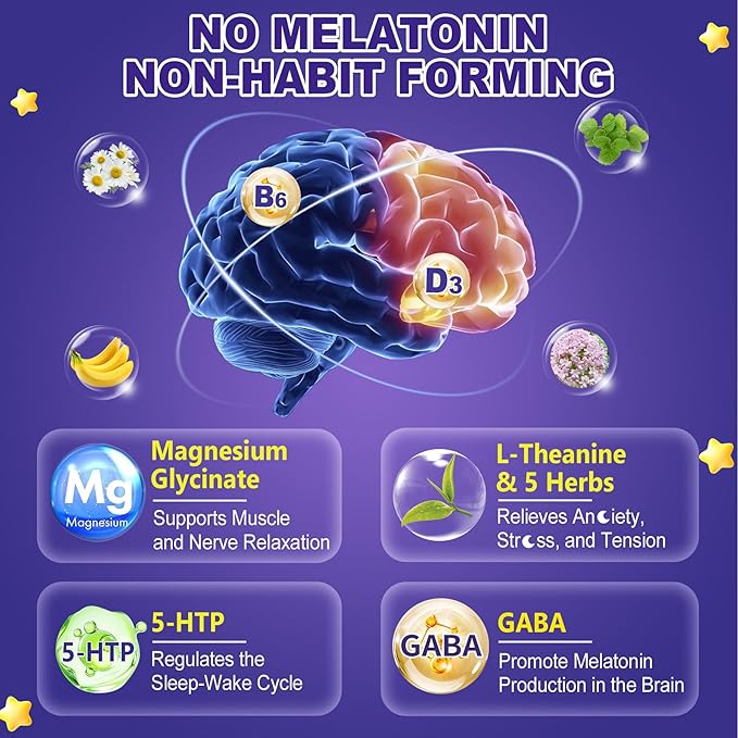 Melatonin Free Sleep Gummies with Magnesium Glycinate, GABA, 5-HTP, L-Theanine, Valerian, Chamomile, Lemon Balm, Vitamin D3 & B6 - Hormone & Drug- Free, Non-Habit Forming,2 Pack
